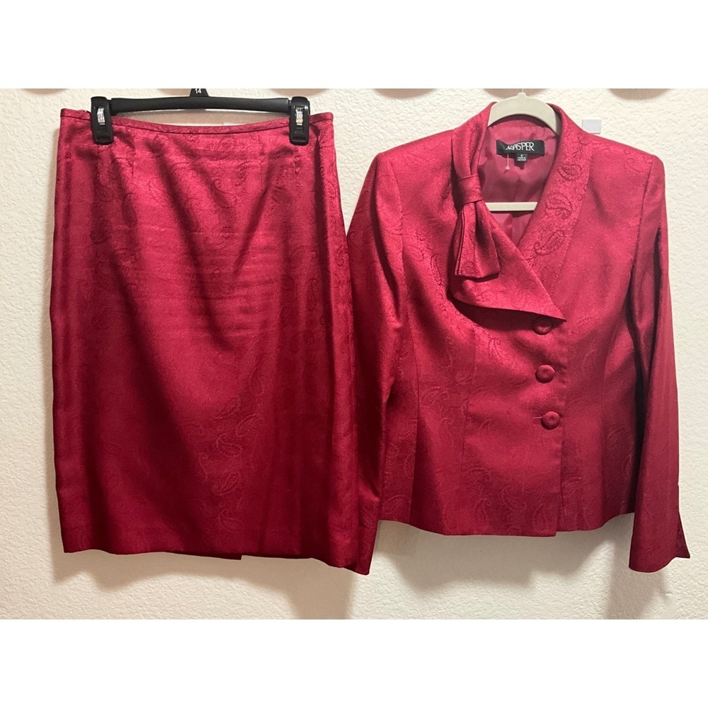 Kasper Womens Red Paisley Jacquard Skirt Suit Set Bow Neck Blazer Size 6